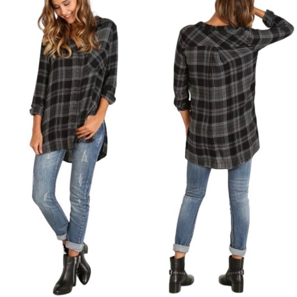 Bella Dahl Plaid Flannel Button Down Blouse Oversized Tunic Top Cozy Black XS